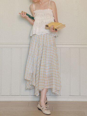 Cest_Plaid drape long skirt_BLUE