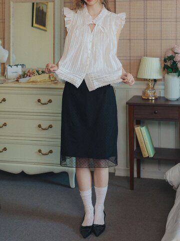 Cest_Polka dot mesh skirt_BLACK