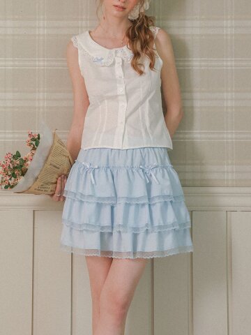 Cest_Double bow lace tiered mini skirt_BLUE