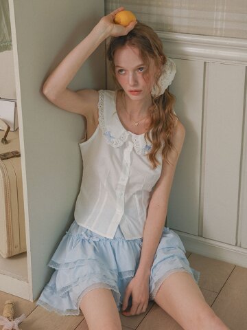 Cest_Blue ribbon collar sleeveless blouse_WHITE