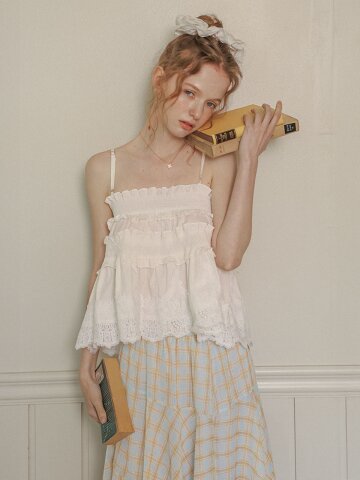 Cest_Lace frill smocking cami top_WHITE