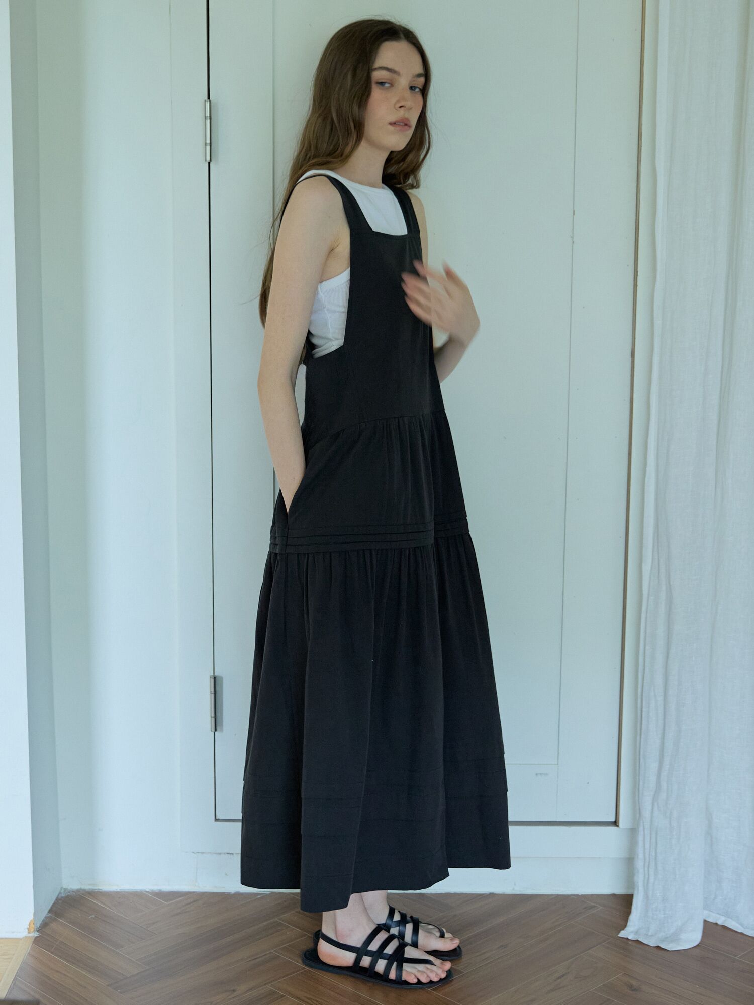 Pintuck Pleated Long Dress Black
