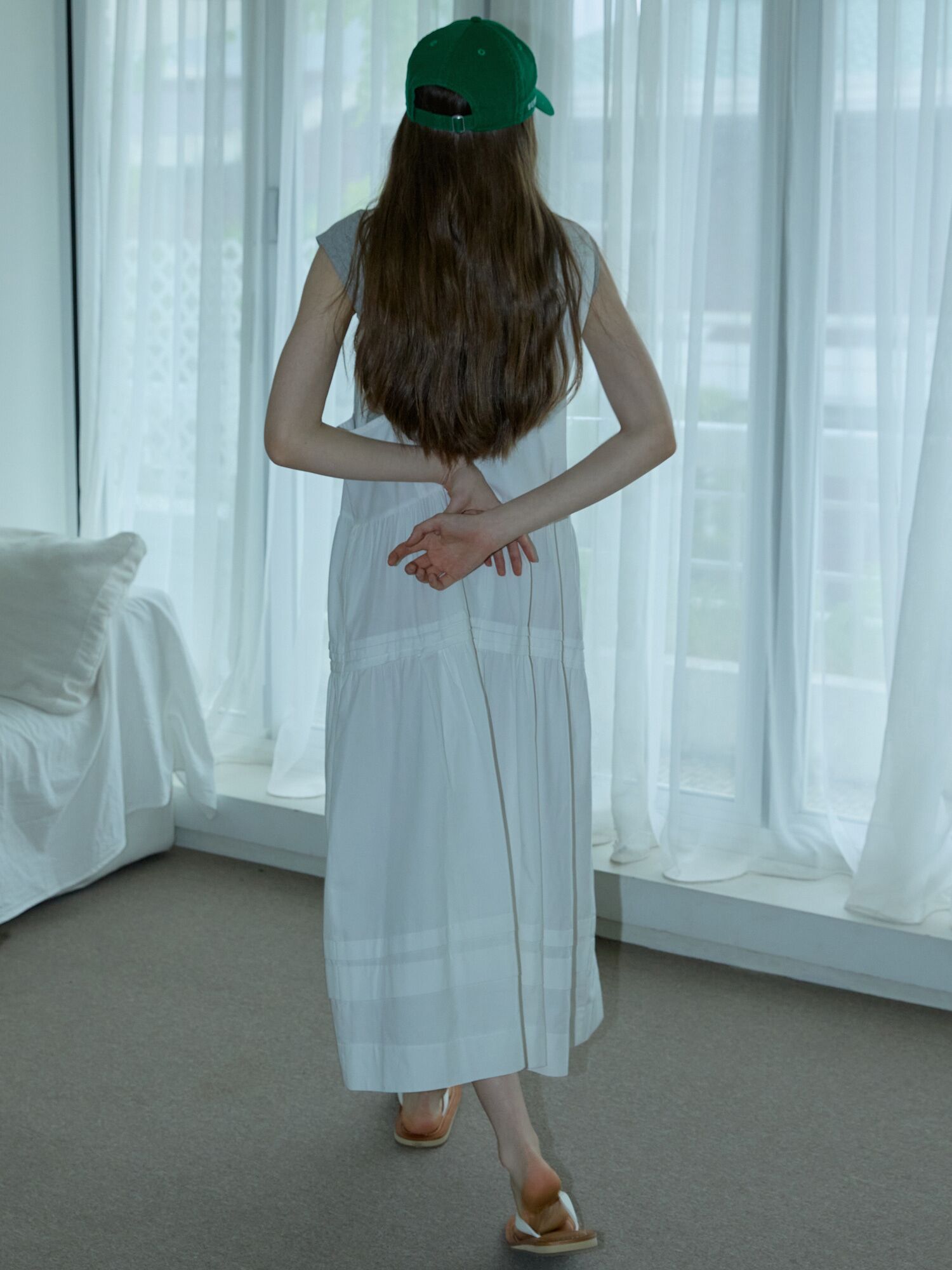 Pintuck Pleated Long Dress Ivory