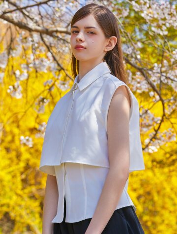 랩 슬림핏 더블 레이어드 미디 나시 셔츠 [화이트] 6091