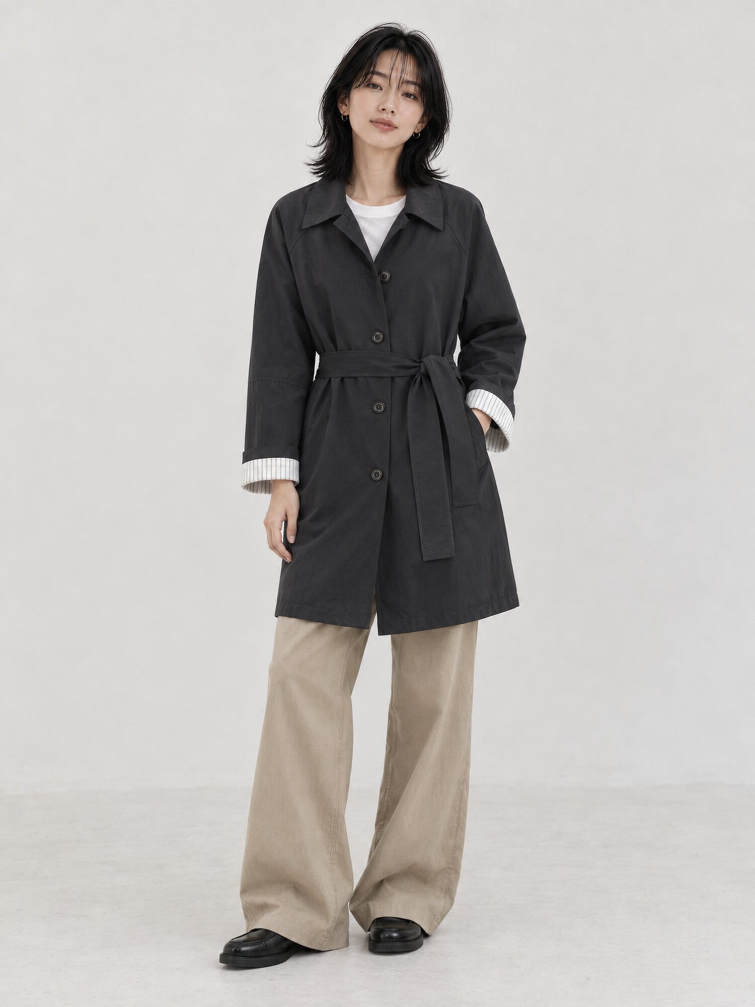 싱글 칼라 래글런 트렌치 코트 (NAVY)