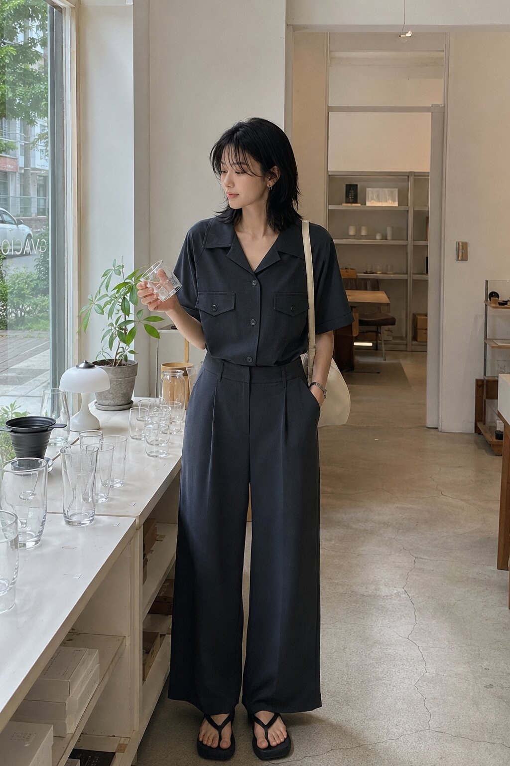 와이드핏 원 턱 백 밴딩 슬랙스 팬츠 (DARK GREY)