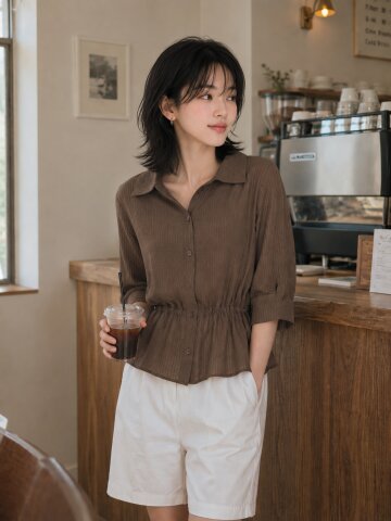 스트라이프 오픈 칼라 스트링 블라우스 