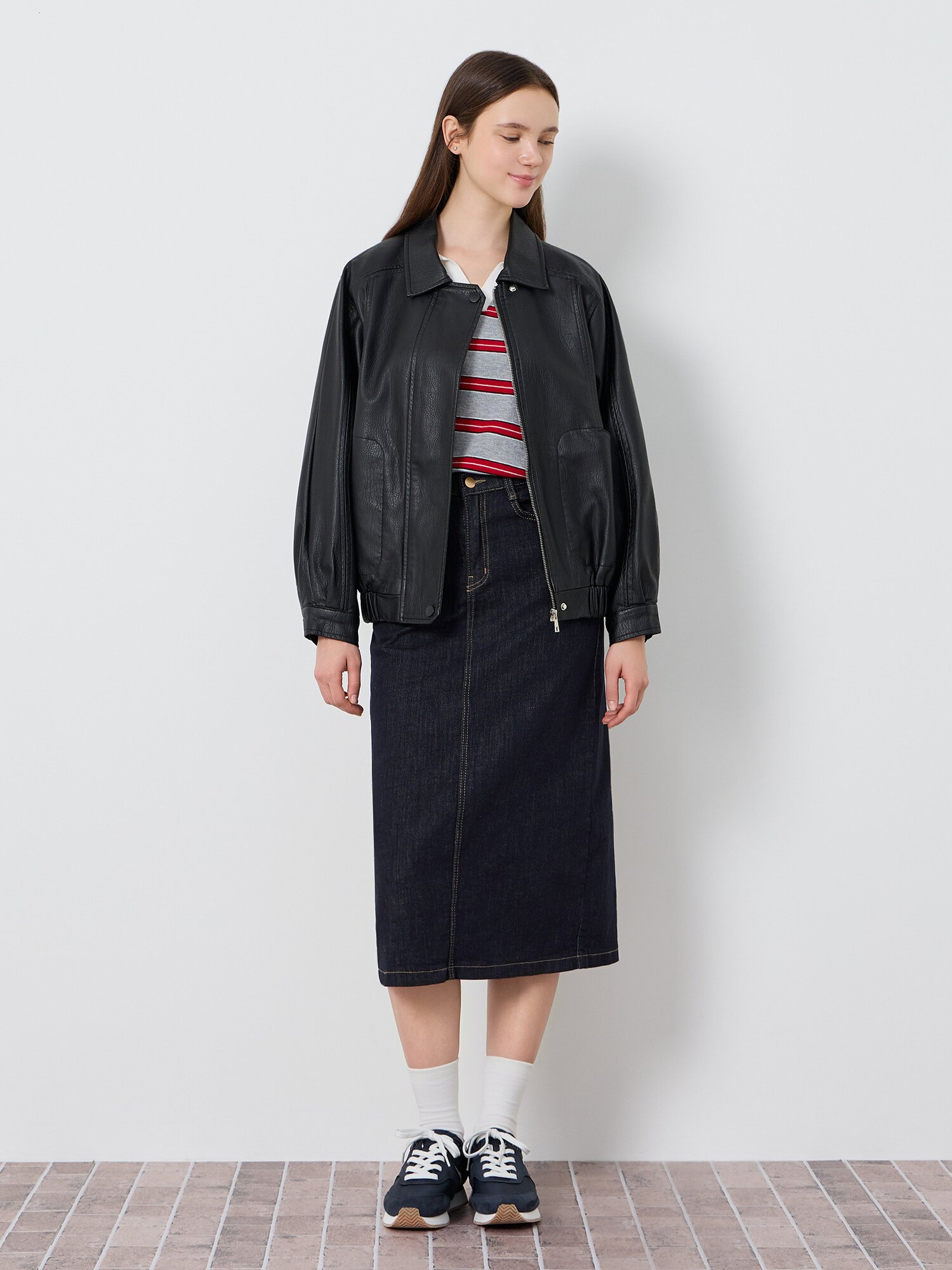 페이크 레더 싱글 칼라 래글런 점퍼 (BLACK)
