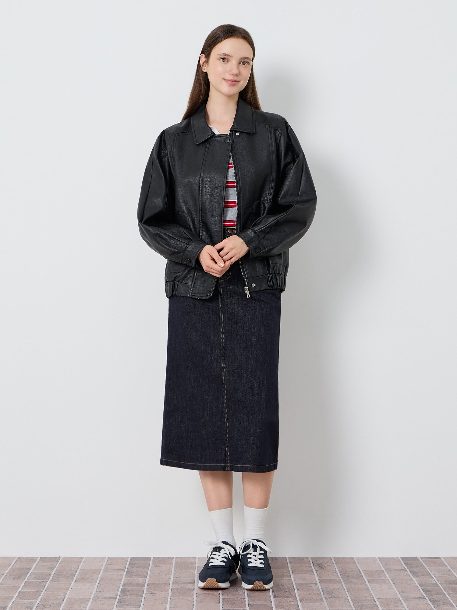 페이크 레더 싱글 칼라 래글런 점퍼 (BLACK)
