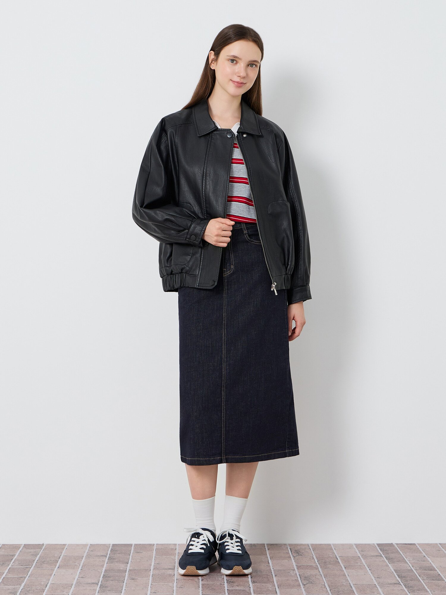 페이크 레더 싱글 칼라 래글런 점퍼 (BLACK)