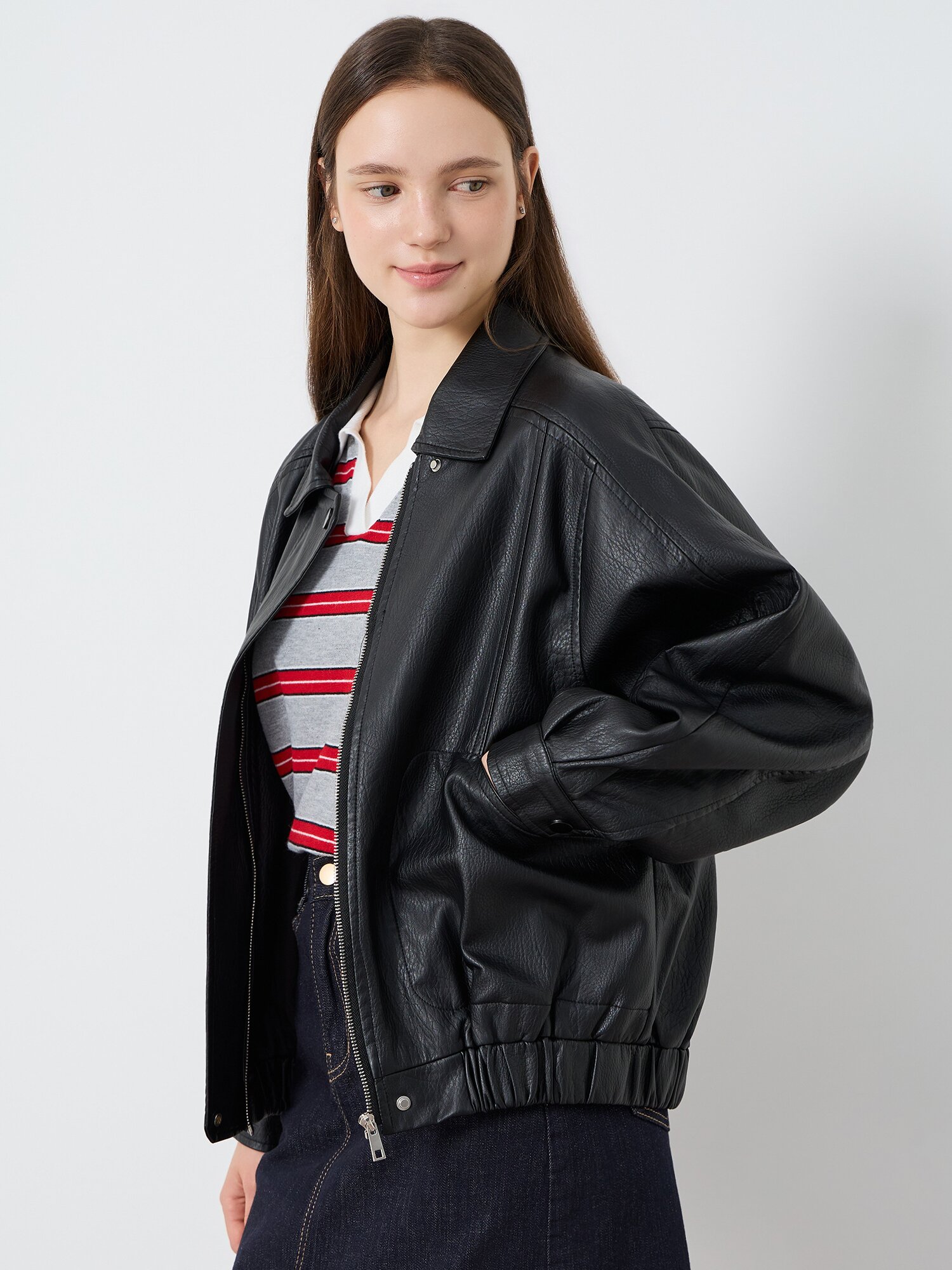 페이크 레더 싱글 칼라 래글런 점퍼 (BLACK)