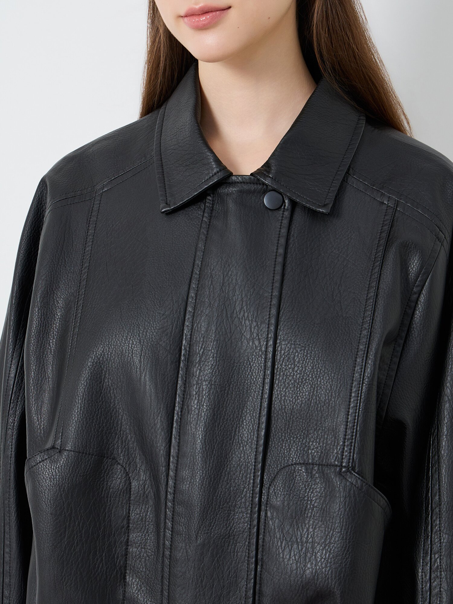 페이크 레더 싱글 칼라 래글런 점퍼 (BLACK)
