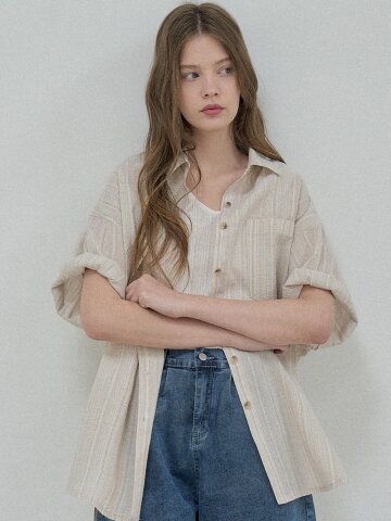 Cotton Short Sleeve Striped Shirt - BEIGE