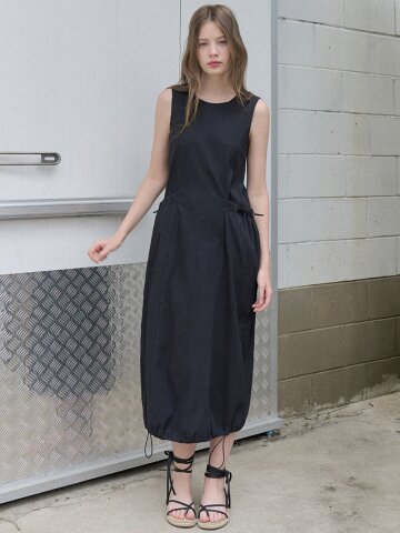 Seersucker Sleeveless Long Dress - BLACK