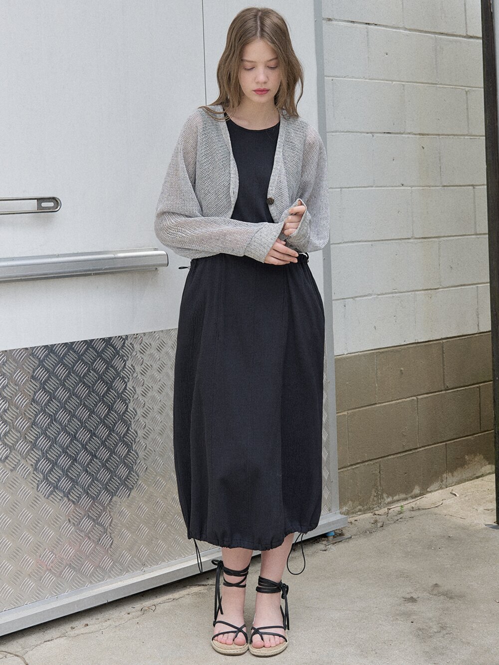 Seersucker Sleeveless Long Dress - BLACK