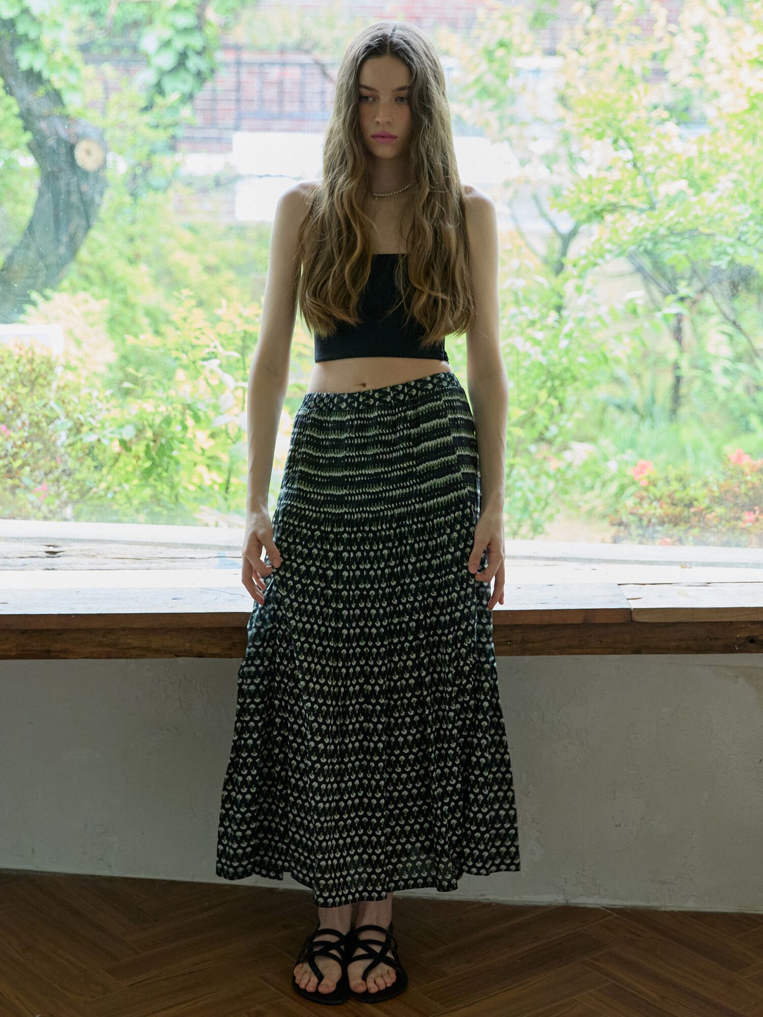 Printed tiered maxi skirt Black