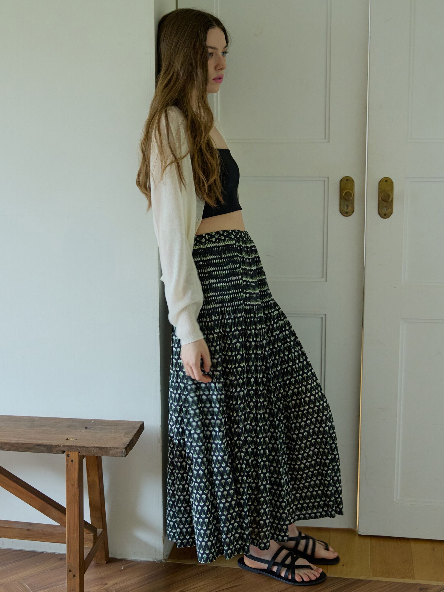 Printed tiered maxi skirt Black