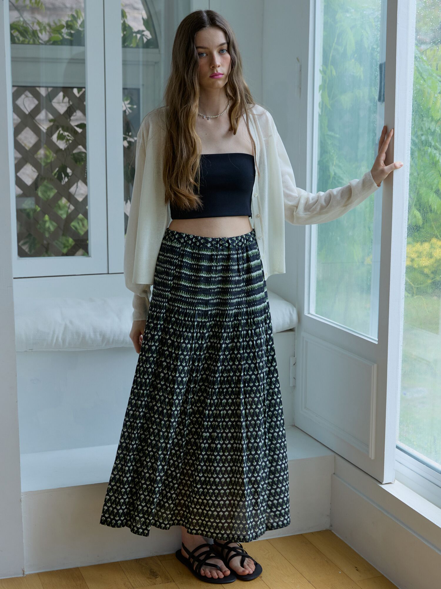 Printed tiered maxi skirt Black
