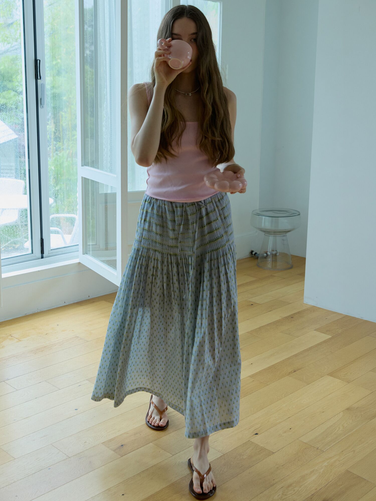 Printed tiered maxi skirt Blue