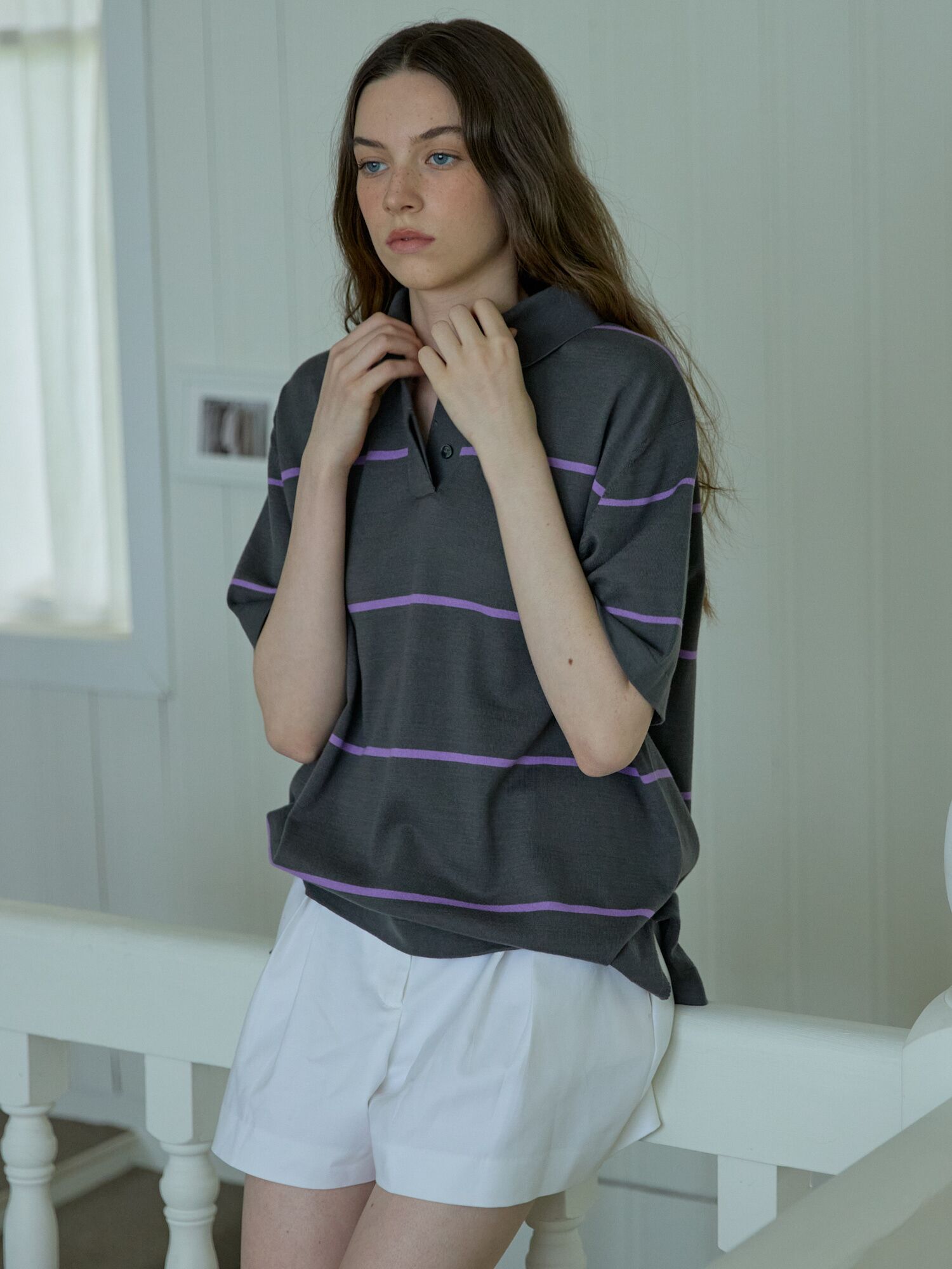 Striped Collar Knit Top Deep gray