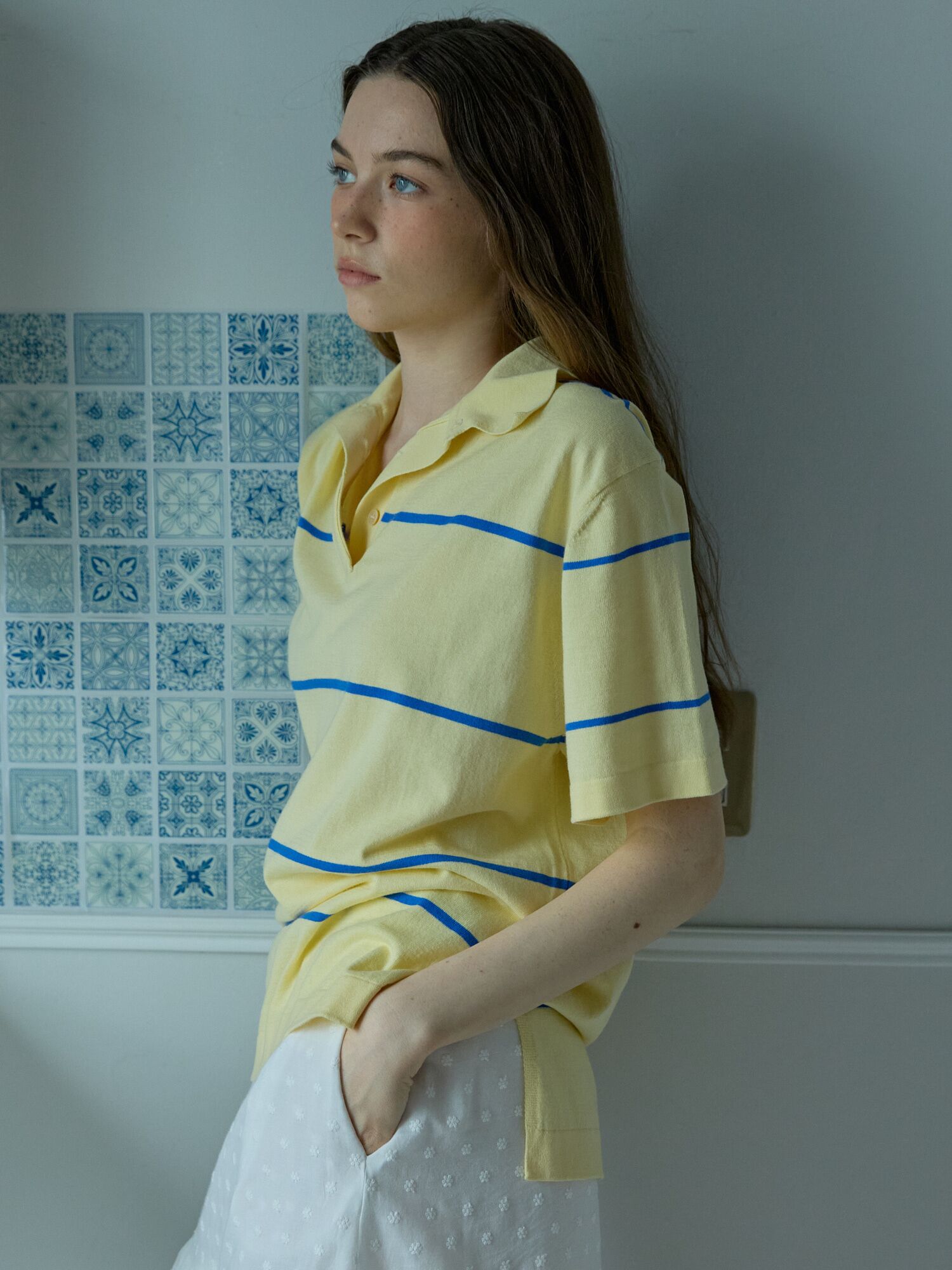 Striped Collar Knit Top Yellow
