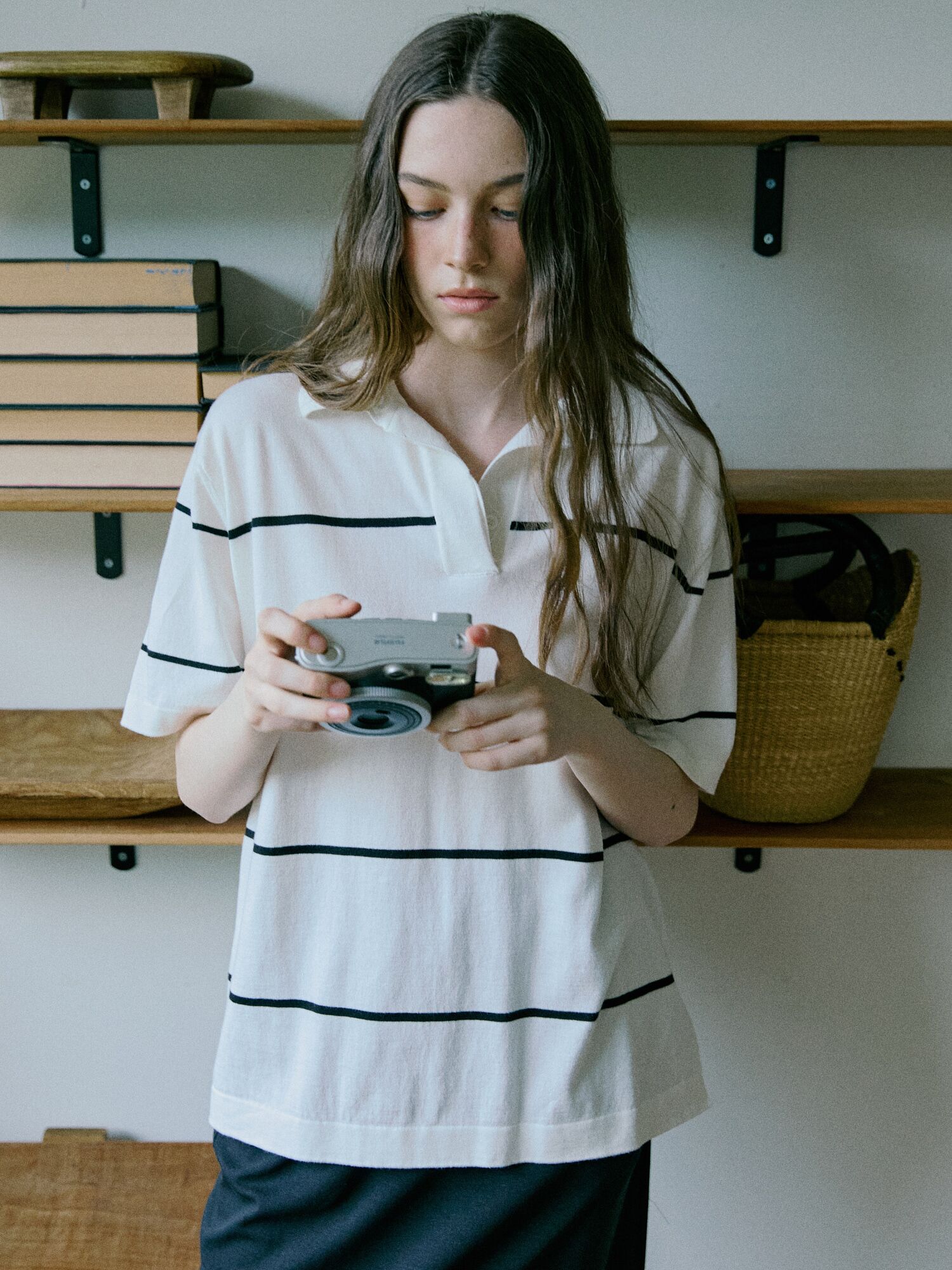 Striped Collar Knit Top Ivory
