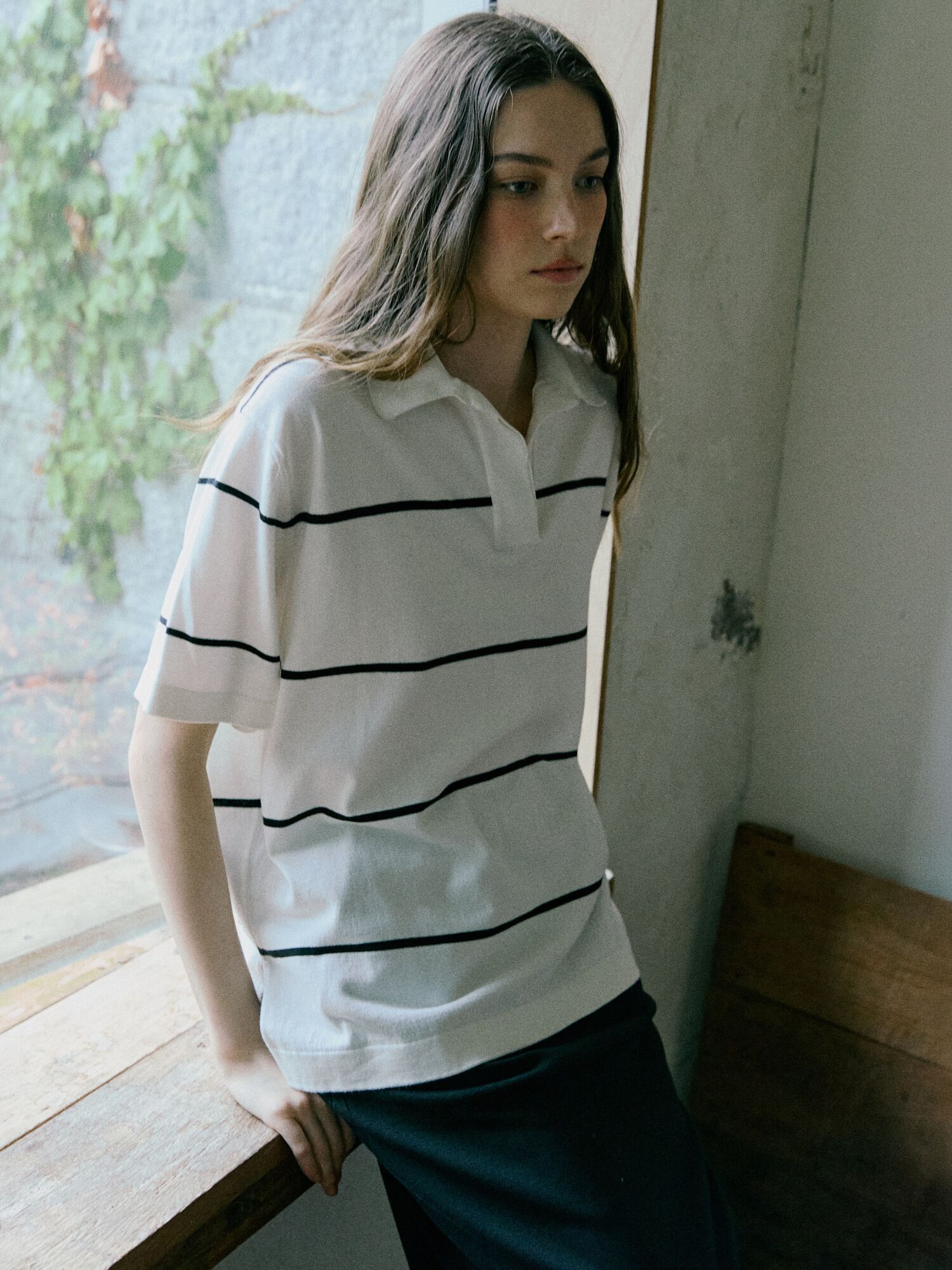 Striped Collar Knit Top Ivory