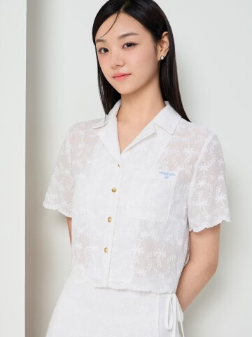 레이스 오픈 칼라 크롭 블라우스 
