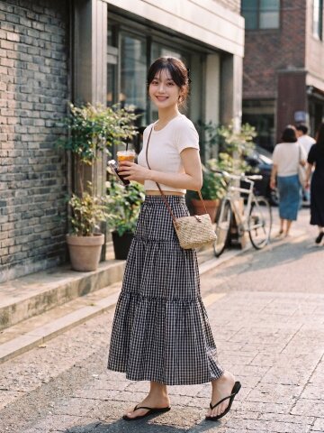 체크 백 밴딩 티어드 스커트 