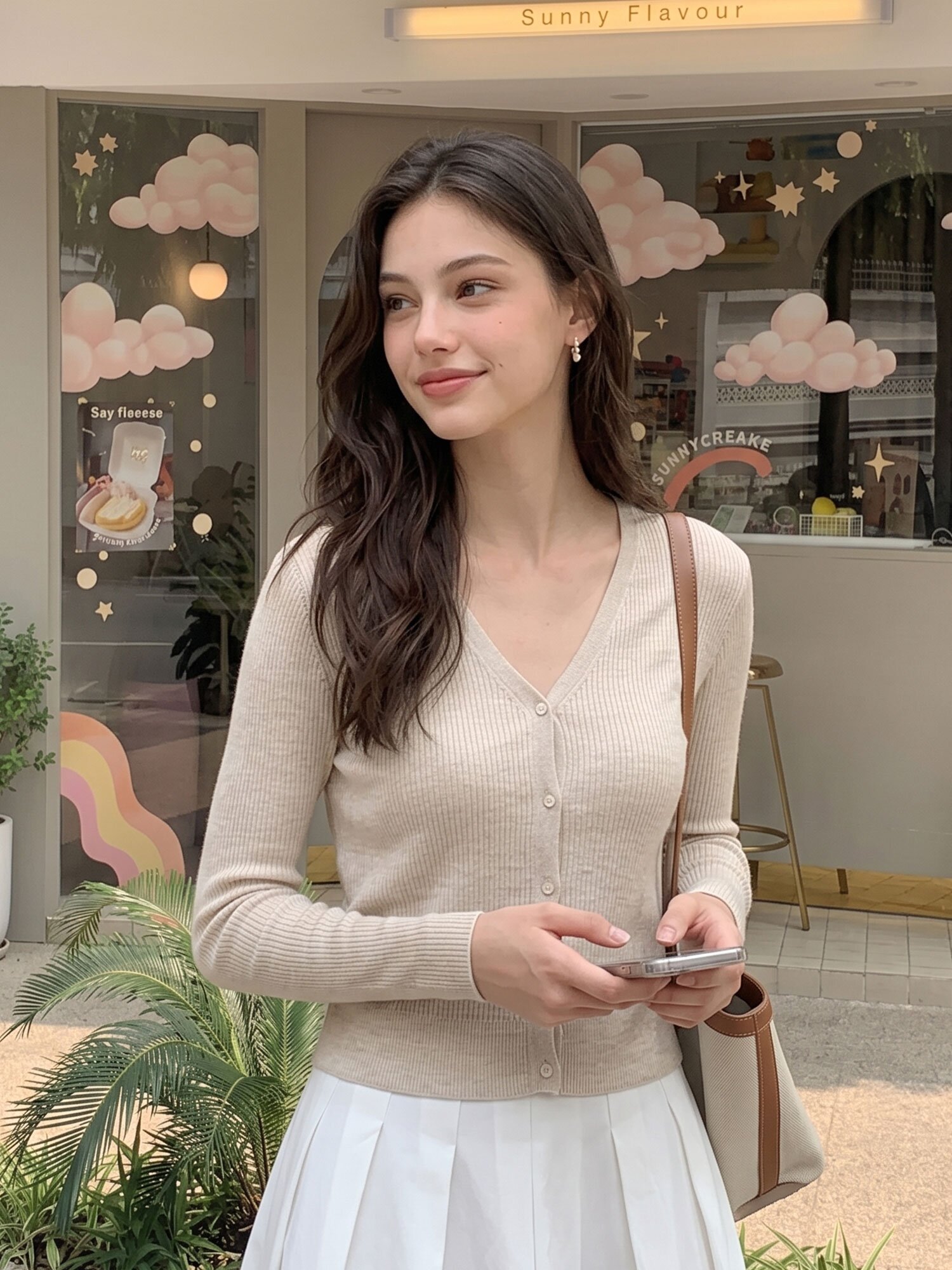시스루 골지 브이넥 크롭 가디건 (MELANGE BEIGE)