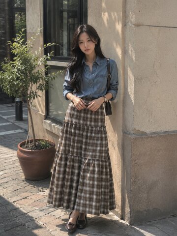 체크 백 밴딩 티어드 스커트 