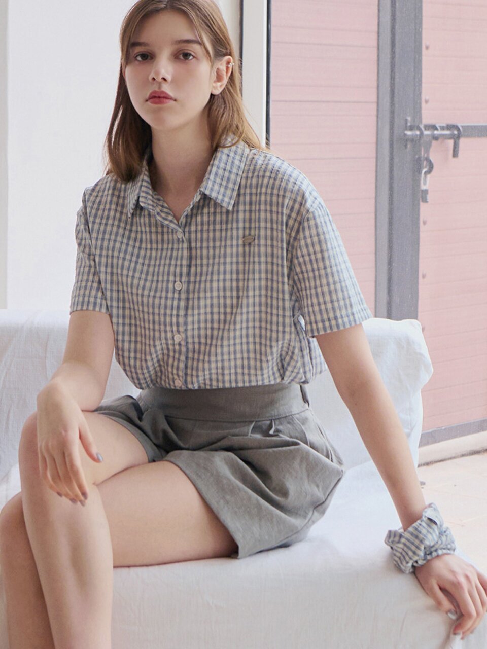 [스크런치 set] 베른 린넨 체크 하프 셔츠_2 Colors
