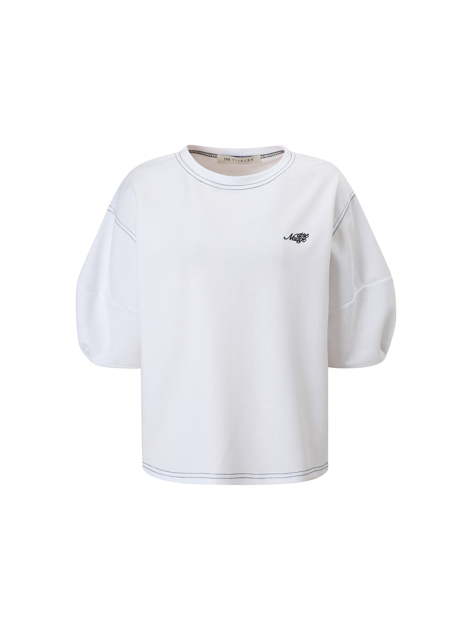 볼륨 스티치 자수 반팔 티셔츠 (WHITE)