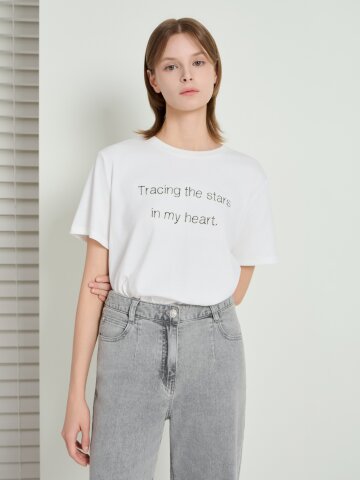 스판 레터링 자수 티셔츠 