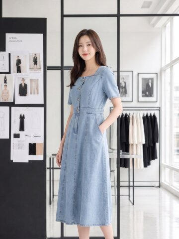 스퀘어넥 플레어 데님 원피스 