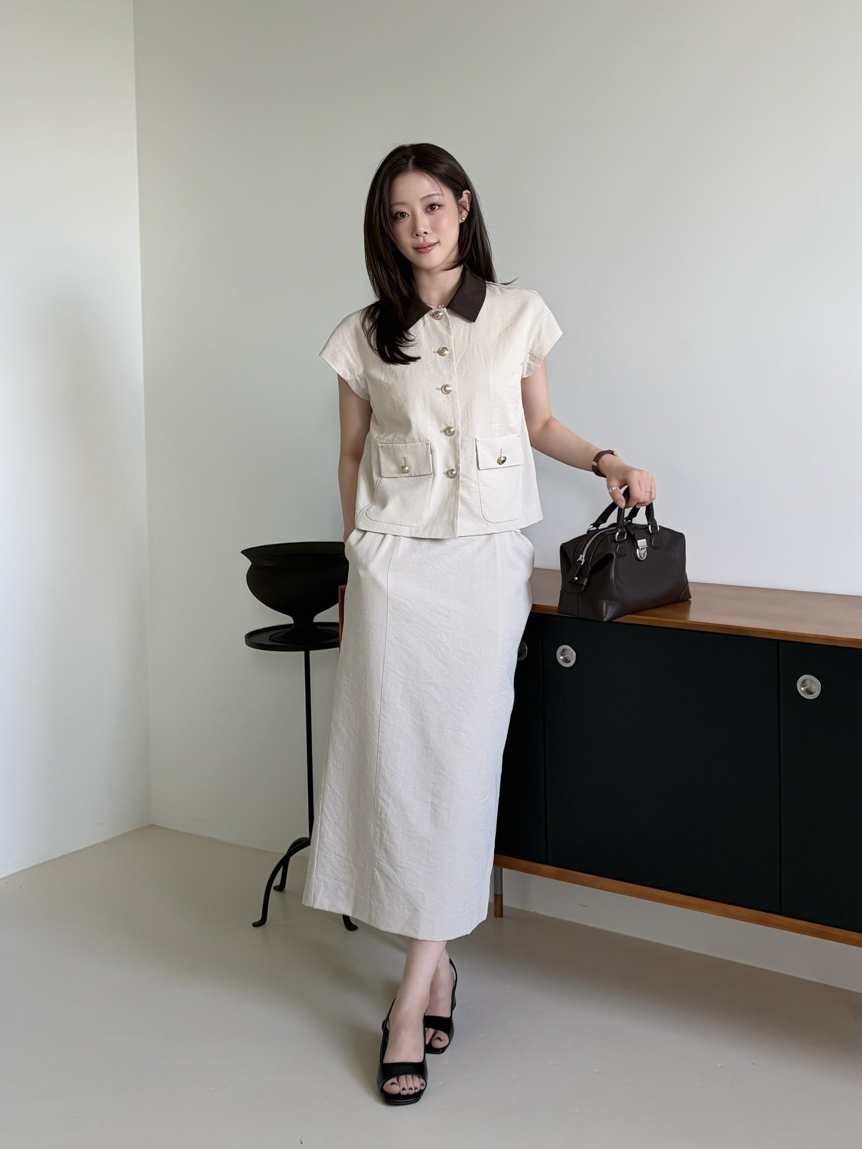 코튼 캡 슬리브 배색 칼라 재킷 (BEIGE)
