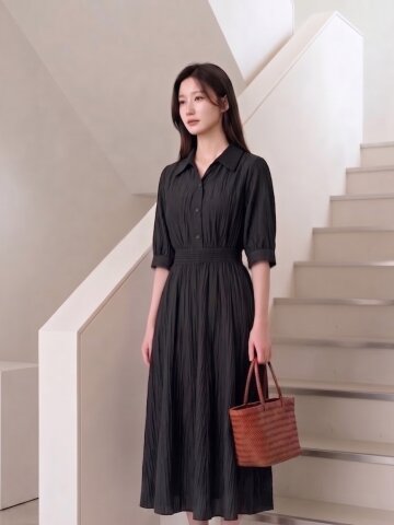볼륨 브이 칼라 플레어 원피스 