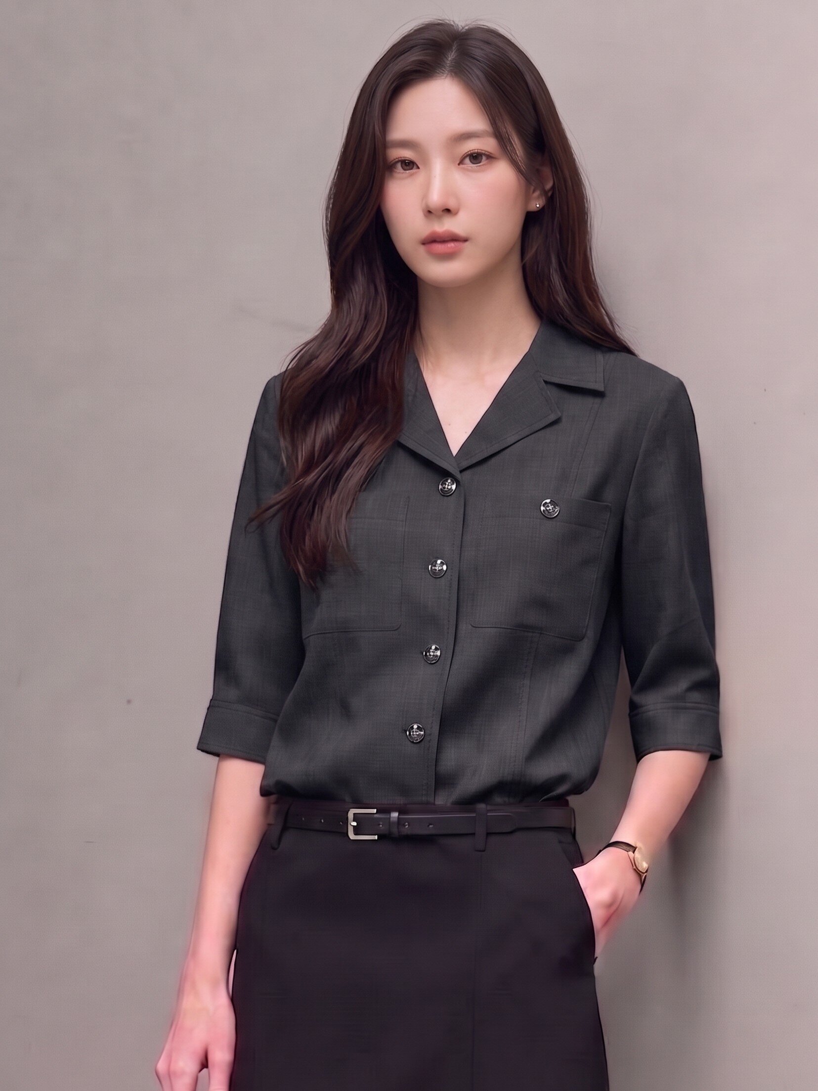모던 백 슬릿 오픈 칼라 블라우스 (DARK GREY)