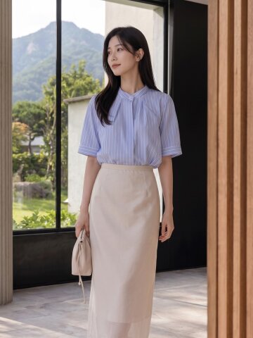 스트라이프 턱 하이넥 블라우스 