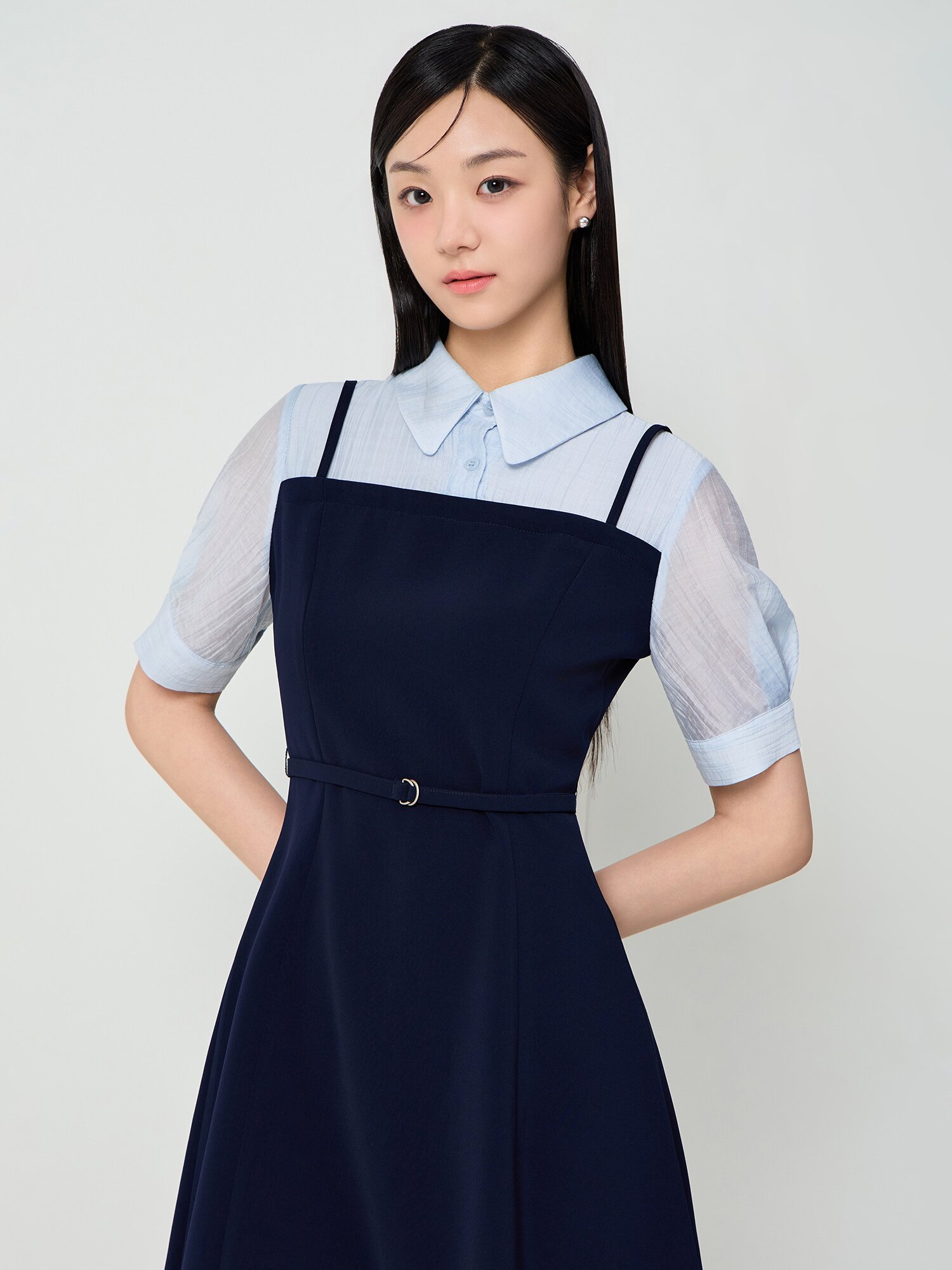 셔츠 배색 플레어 미니 원피스 (NAVY)