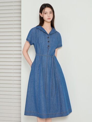 오픈 칼라 플레어 데님 원피스 