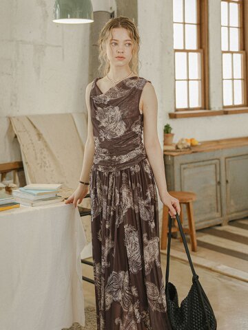 PM_Drape neck floral dress_BROWN