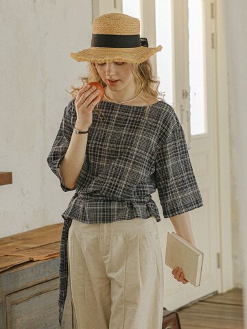 PM_Drape waist check blouse_BLACK