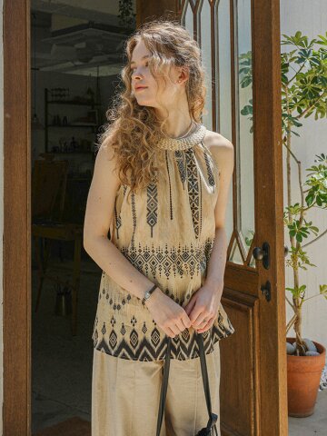 PM_Beaded ethnic halter sleeveless top_BEIGE