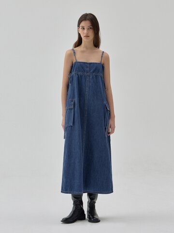 DENIM SLEEVELESS POCKET LONG DRESS INDIGO S6