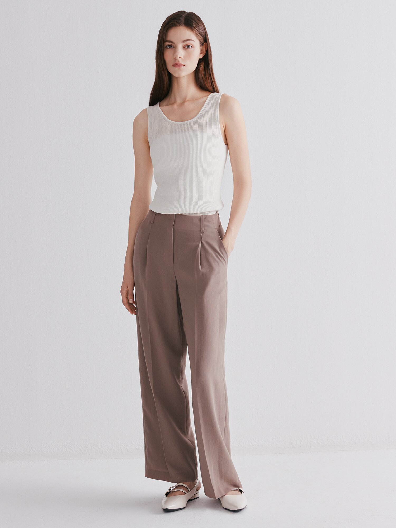미니멀 원턱 와이드 팬츠 (LIGHT BROWN)