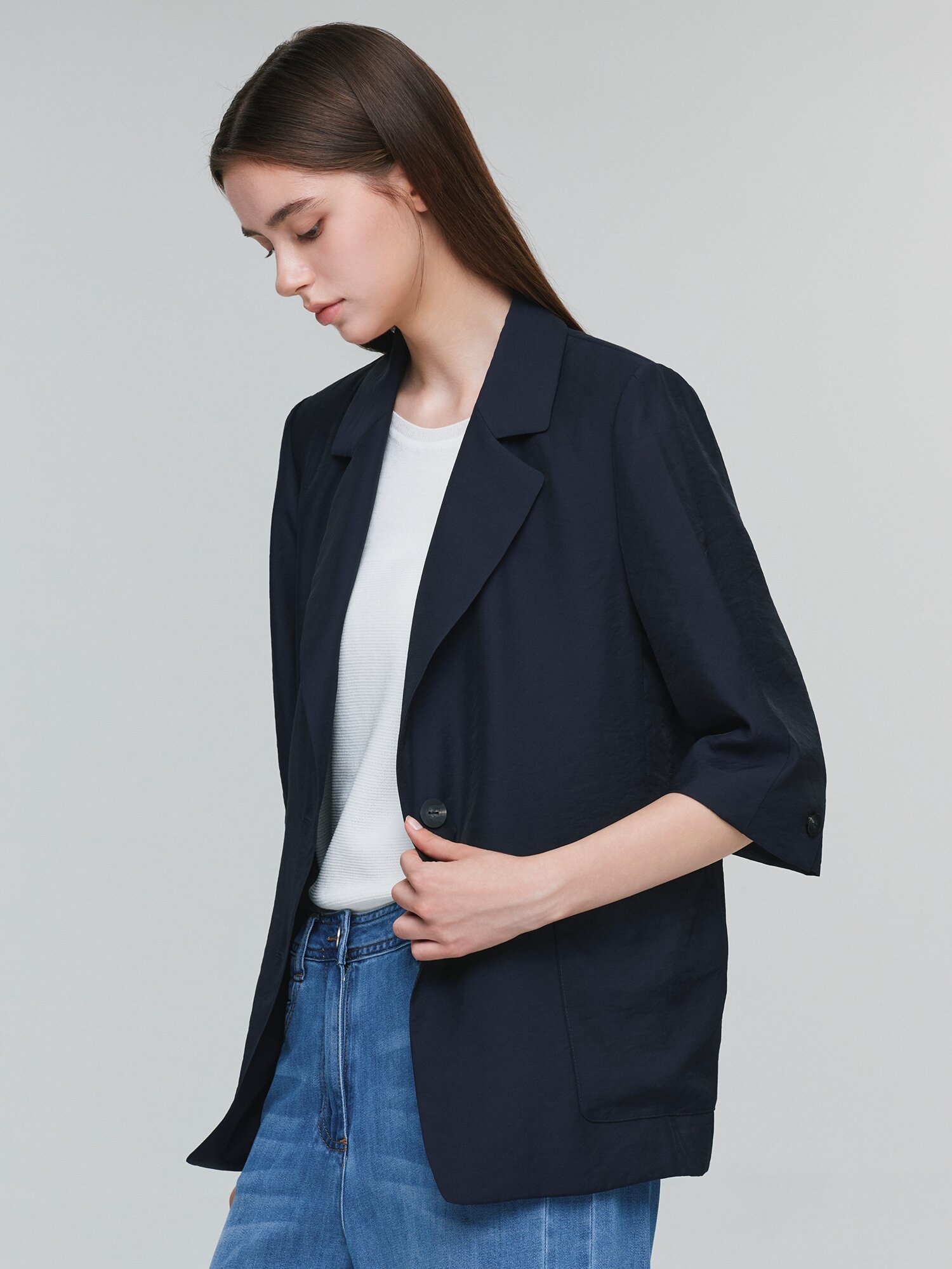 포켓 7부 테일러드 투버튼 재킷 (NAVY)
