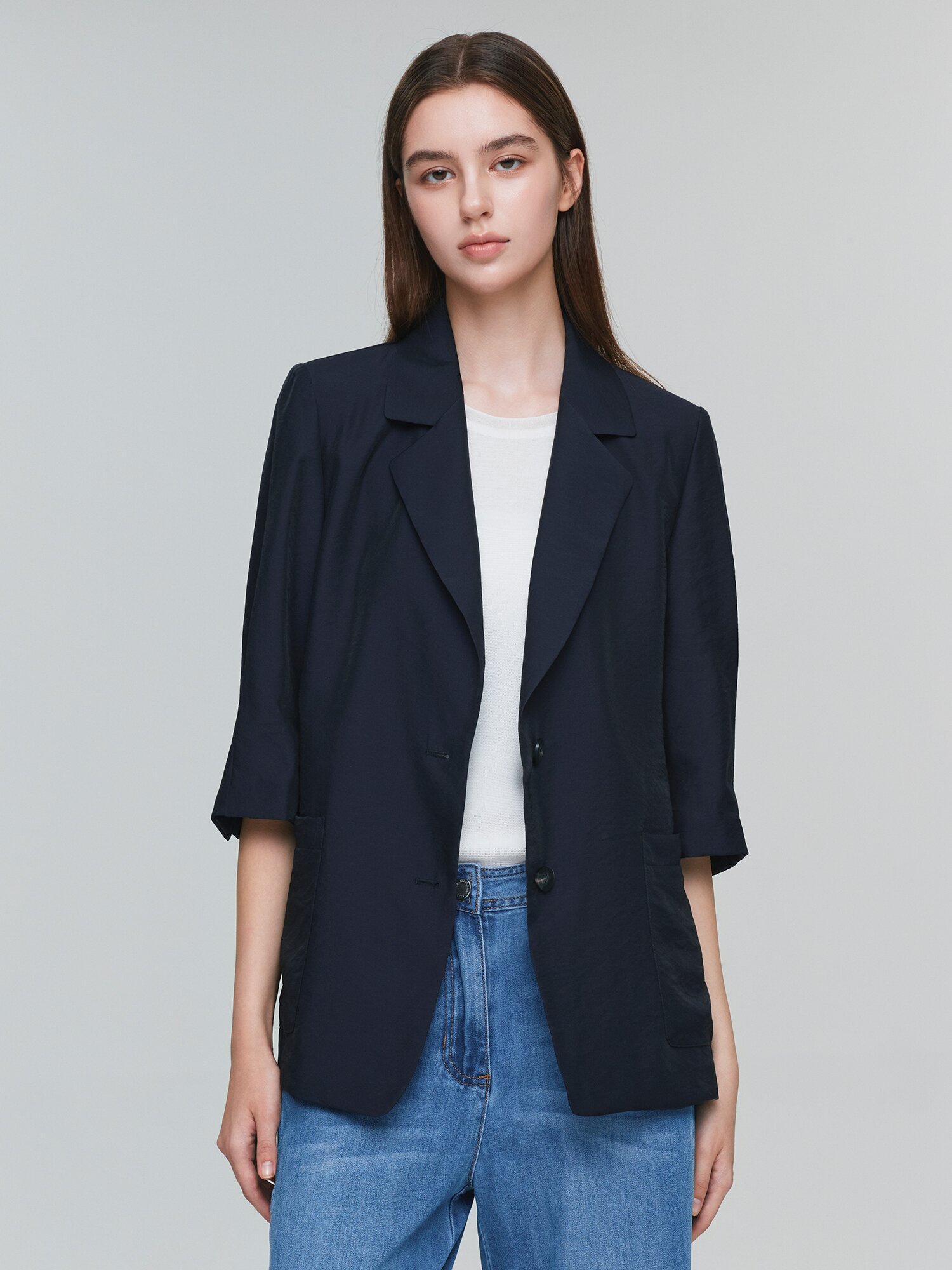 포켓 7부 테일러드 투버튼 재킷 (NAVY)