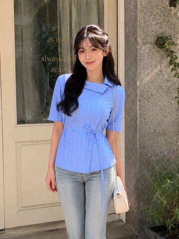 사선 버튼 언밸런스 칼라 블라우스 