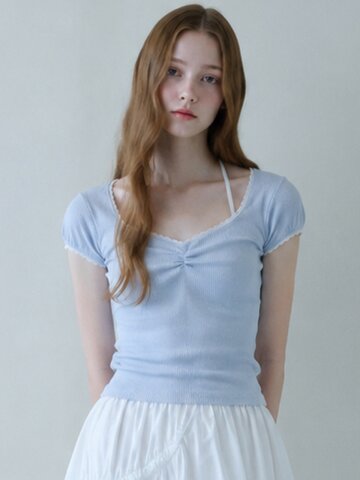 DEW LACE SHIRRING T-SHIRT_SKY BLUE